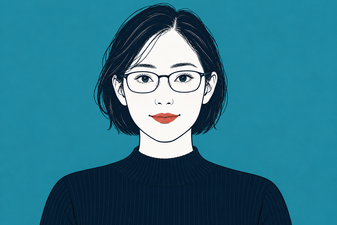 黒いボブヘアでネイビーのハイネックを着た女性が、自然なサイズのメガネを掛けたイラスト。
